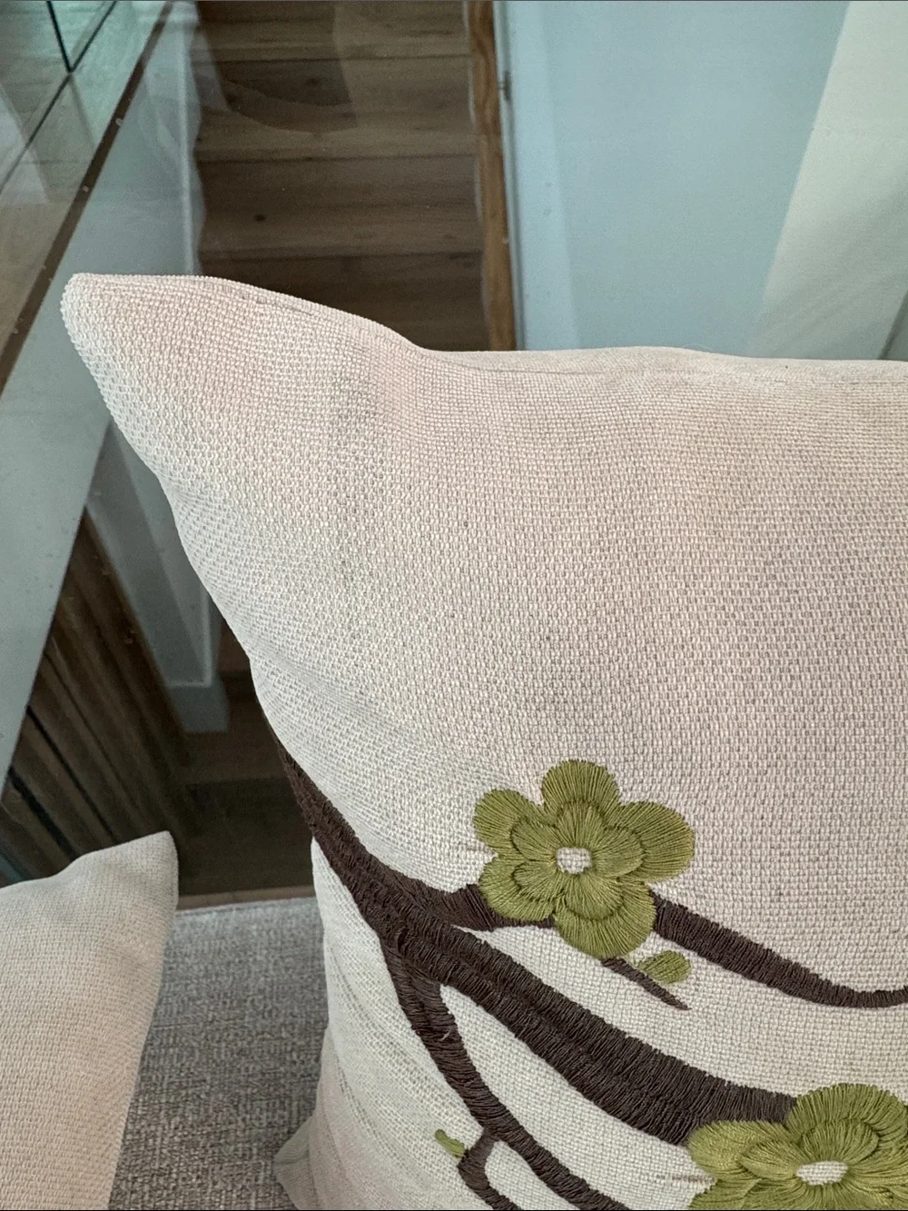 Outdoor Embroidered Floral Branch Lumbar Pillows - Set of 2, Beige with Green